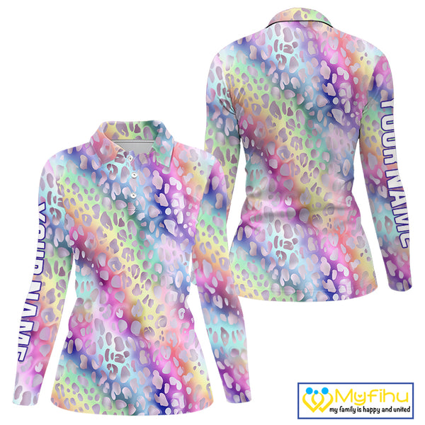 Colorful Neon Rainbow leopard pattern Women Golf Polo Shirt Custom ladies golf outfit cool golf gift NQS10244