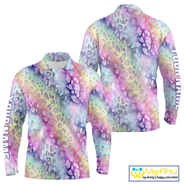 Colorful Neon Rainbow leopard pattern Mens Golf Polo Shirts Custom men's golf outfits, cool golf gift NQS10244