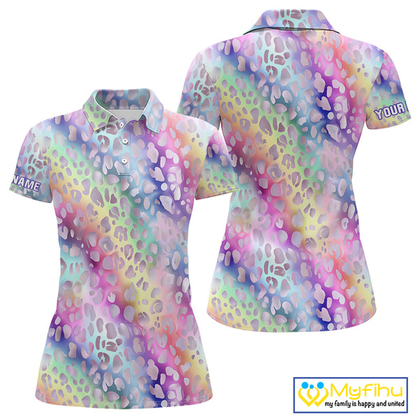 Colorful Neon Rainbow leopard pattern Women Golf Polo Shirt Custom ladies golf outfit cool golf gift NQS10244