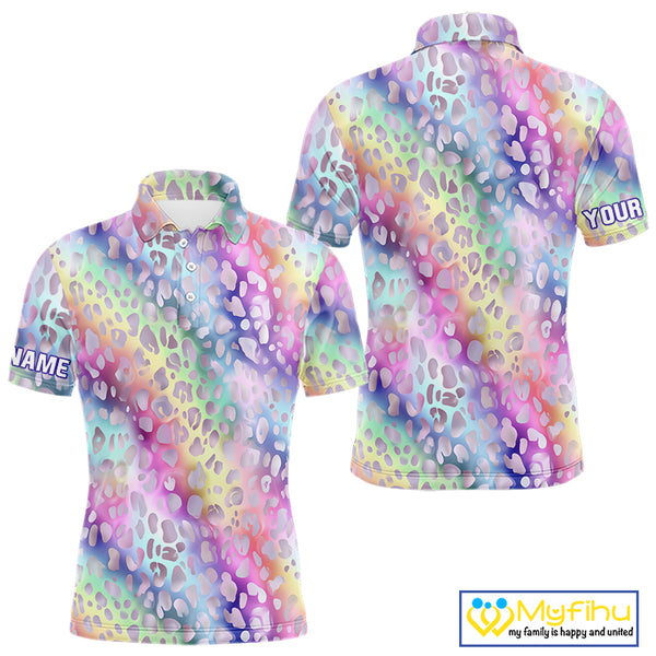 Colorful Neon Rainbow leopard pattern Mens Golf Polo Shirts Custom men's golf outfits, cool golf gift NQS10244
