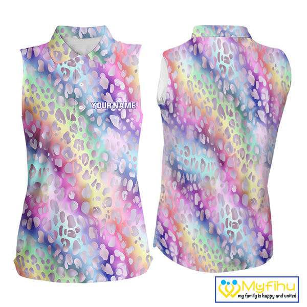Colorful Neon Rainbow leopard pattern Women Sleeveless Polo Shirt Custom ladies golf outfit NQS10244