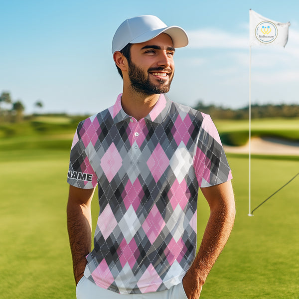 Pink argyle pattern Mens golf polo shirt custom best team golf shirts, golfing gifts NQS10407