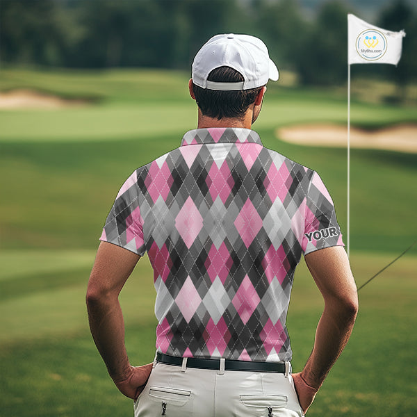 Pink argyle pattern Mens golf polo shirt custom best team golf shirts, golfing gifts NQS10407