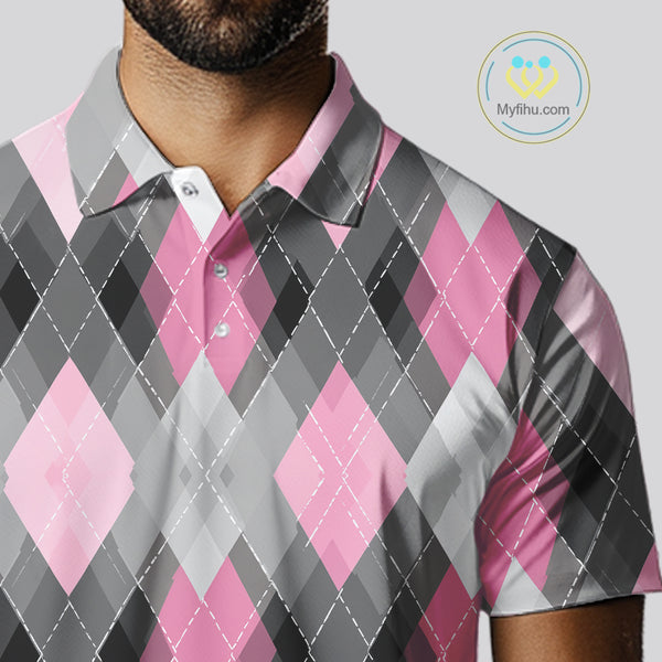 Pink argyle pattern Mens golf polo shirt custom best team golf shirts, golfing gifts NQS10407