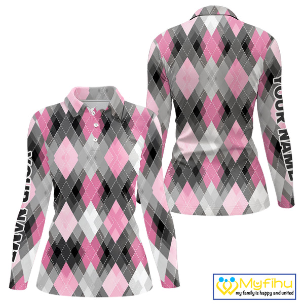 Pink argyle pattern Womens golf polo shirt custom best team golf shirts, golfing gifts NQS10407