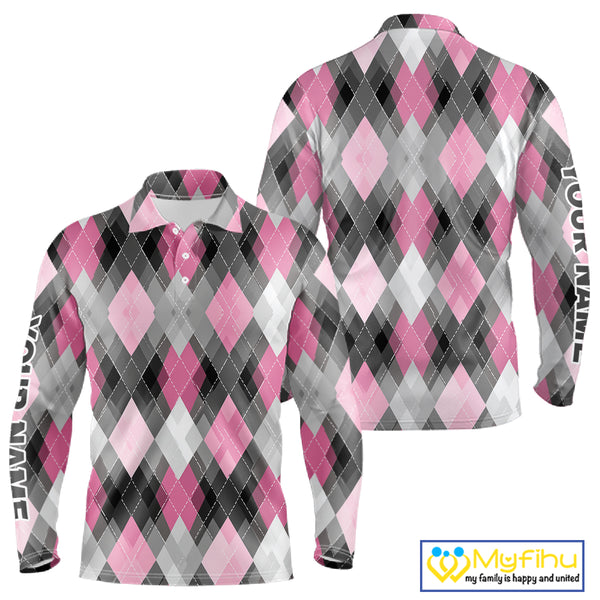 Pink argyle pattern Mens golf polo shirt custom best team golf shirts, golfing gifts NQS10407