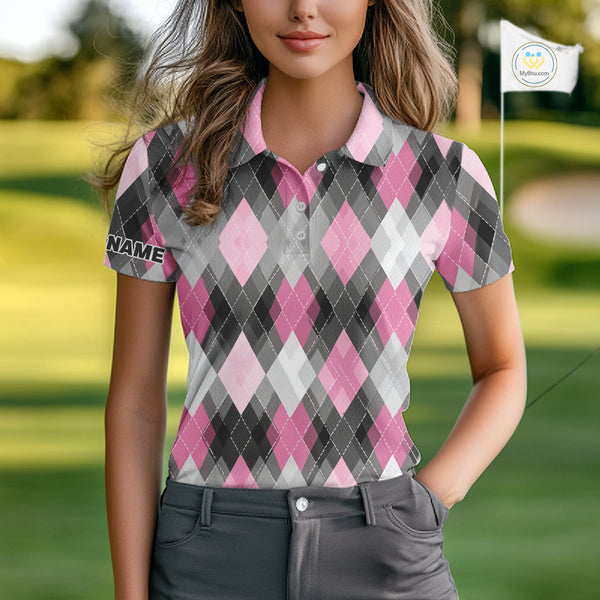 Pink argyle pattern Womens golf polo shirt custom best team golf shirts, golfing gifts NQS10407