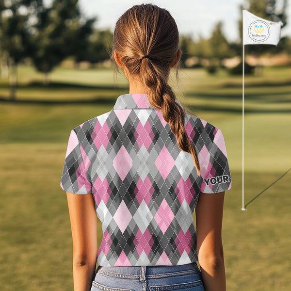 Pink argyle pattern Womens golf polo shirt custom best team golf shirts, golfing gifts NQS10407
