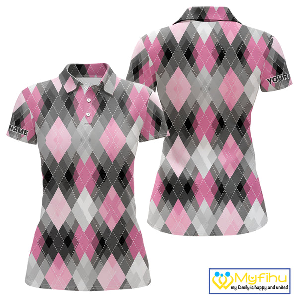 Pink argyle pattern Womens golf polo shirt custom best team golf shirts, golfing gifts NQS10407