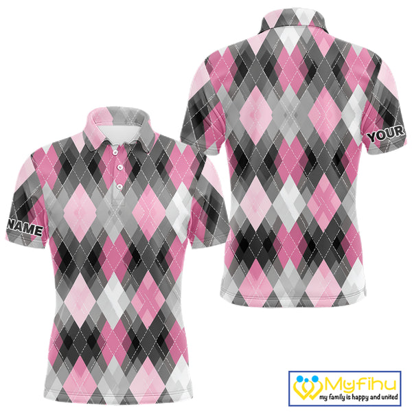 Pink argyle pattern Mens golf polo shirt custom best team golf shirts, golfing gifts NQS10407