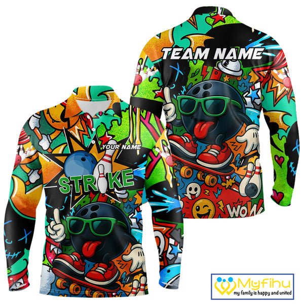 Custom Funny colorful pattern Bowling Team Polo, Quarter Zip Shirt For Men, Mens Bowling Jersey NQS10094