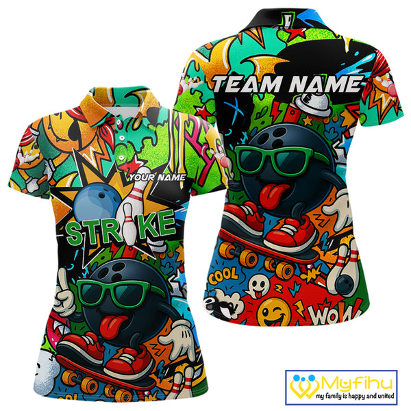 Custom Funny colorful pattern Bowling Team Polo, Quarter Zip Shirt For Women, Ladies Bowling Jersey NQS10094