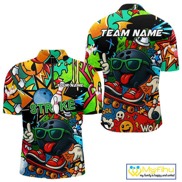 Custom Funny colorful pattern Bowling Team Polo, Quarter Zip Shirt For Men, Mens Bowling Jersey NQS10094