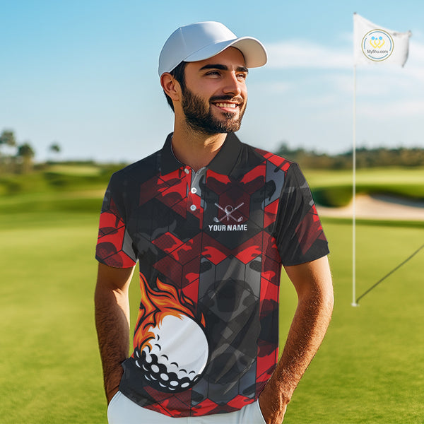 Black and Red Camo Flame Golf Ball Custom Men golf polo shirt, personalized golf top for men NQS10100