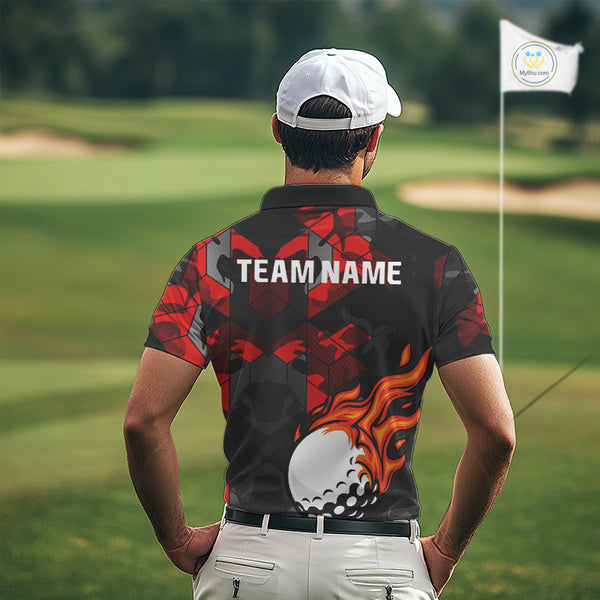 Black and Red Camo Flame Golf Ball Custom Men golf polo shirt, personalized golf top for men NQS10100