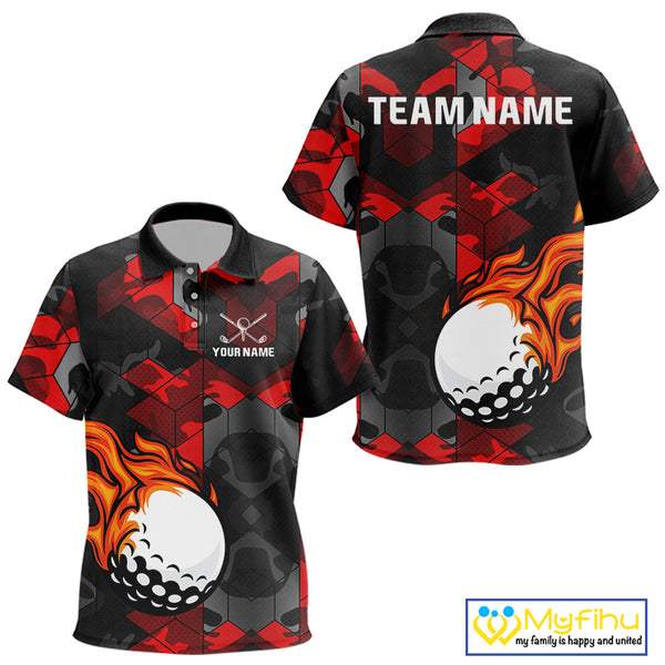 Black and Red Camo Flame Golf Ball Custom Kid golf polo shirts, personalized golf top for Kid NQS10100