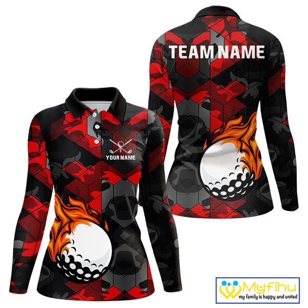 Black and Red Camo Flame Golf Ball Custom Women golf polo shirts, personalized golf top for ladies NQS10100