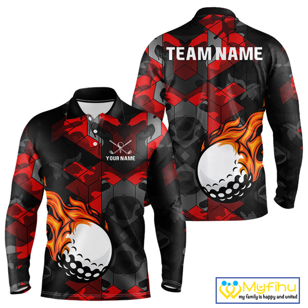 Black and Red Camo Flame Golf Ball Custom Men golf polo shirt, personalized golf top for men NQS10100
