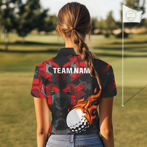 Black and Red Camo Flame Golf Ball Custom Women golf polo shirts, personalized golf top for ladies NQS10100