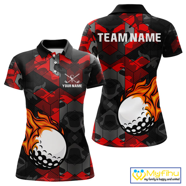 Black and Red Camo Flame Golf Ball Custom Women golf polo shirts, personalized golf top for ladies NQS10100