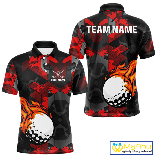 Black and Red Camo Flame Golf Ball Custom Men golf polo shirt, personalized golf top for men NQS10100