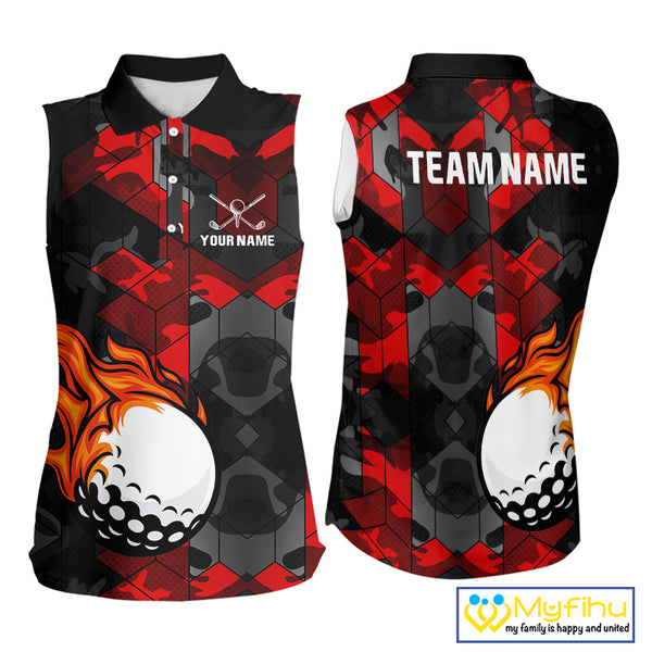Black and Red Camo Flame Golf Ball Custom Womens Sleeveless polo shirts, golf top for ladies NQS10100
