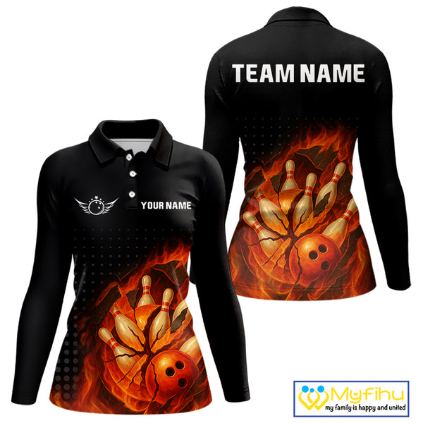 Flame Broken Bowling Ball and pins Bowling Shirt For Women Custom Flame Team Bowling Jerseys NQS10102