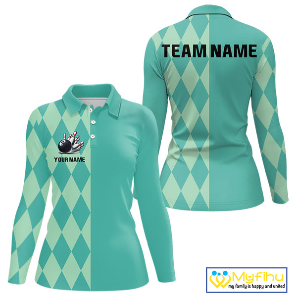 Turquoise argyle pattern Bowling Polo, Quarter Zip Shirt For Women Custom Team Bowling Jerseys NQS10107