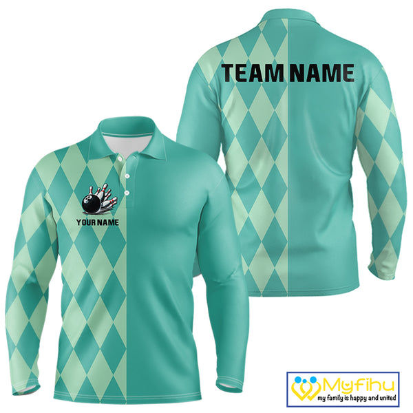 Turquoise argyle pattern Bowling Polo, Quarter Zip Shirt For Men Custom Team Bowling Jerseys NQS10107