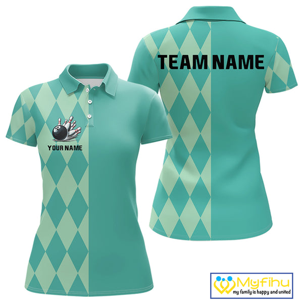 Turquoise argyle pattern Bowling Polo, Quarter Zip Shirt For Women Custom Team Bowling Jerseys NQS10107