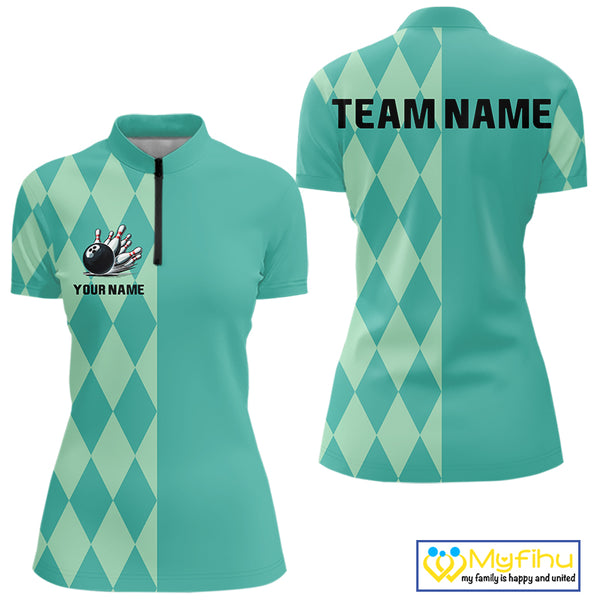 Turquoise argyle pattern Bowling Polo, Quarter Zip Shirt For Women Custom Team Bowling Jerseys NQS10107