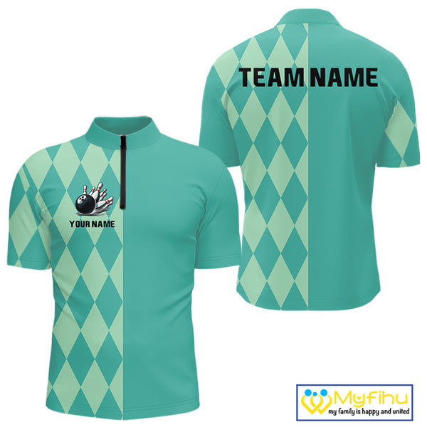 Turquoise argyle pattern Bowling Polo, Quarter Zip Shirt For Men Custom Team Bowling Jerseys NQS10107