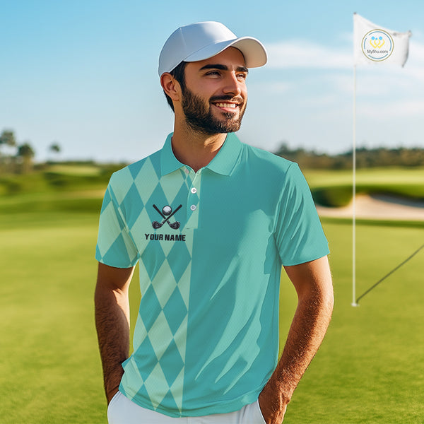 Turquoise argyle pattern Men golf polo shirt Custom golf clothes for men, cool golf gifts NQS10108