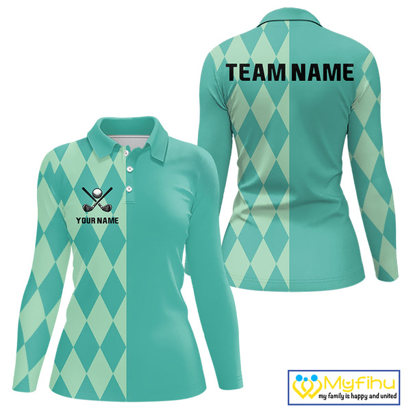 Turquoise argyle pattern Women golf polo shirt Custom golf clothes for ladies, cool golf gifts NQS10108