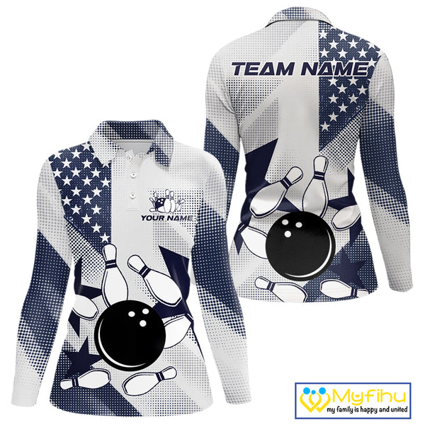 White and Blue American Flag Bowling shirts for Women Custom patriotic retro Bowling Team Jersey NQS10248