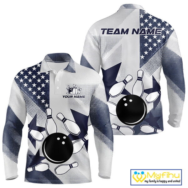 White and Blue American Flag Bowling shirts for Men Custom patriotic retro Bowling Team Jersey NQS10248