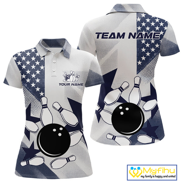 White and Blue American Flag Bowling shirts for Women Custom patriotic retro Bowling Team Jersey NQS10248