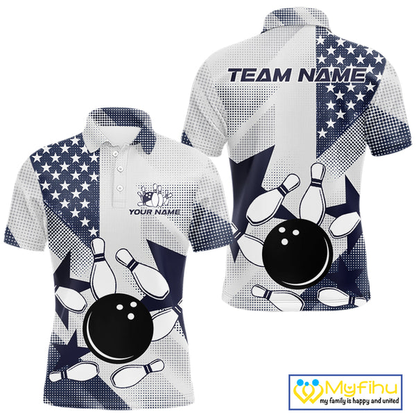 White and Blue American Flag Bowling shirts for Men Custom patriotic retro Bowling Team Jersey NQS10248