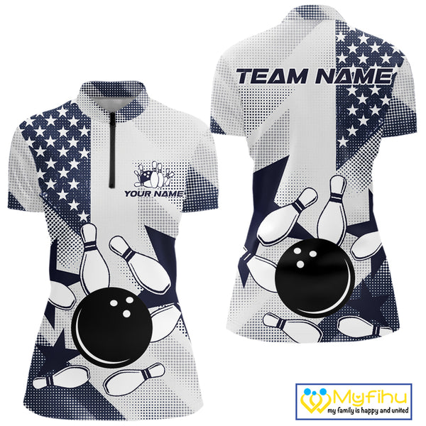 White and Blue American Flag Bowling shirts for Women Custom patriotic retro Bowling Team Jersey NQS10248