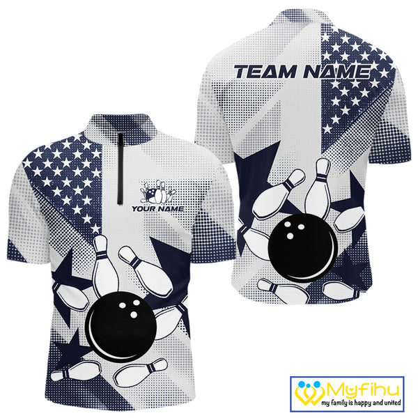 White and Blue American Flag Bowling shirts for Men Custom patriotic retro Bowling Team Jersey NQS10248