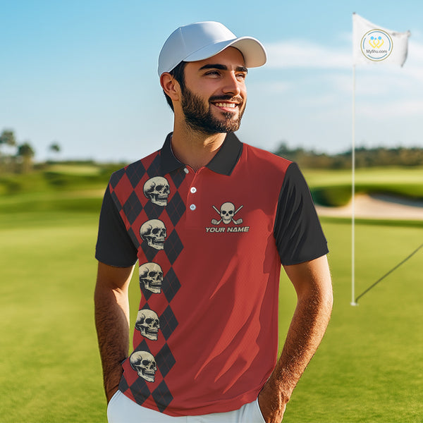 Red and Black argyle pattern Skull Golf Polo Shirts for men Custom mens golf outfit, funny golf gifts NQS10250