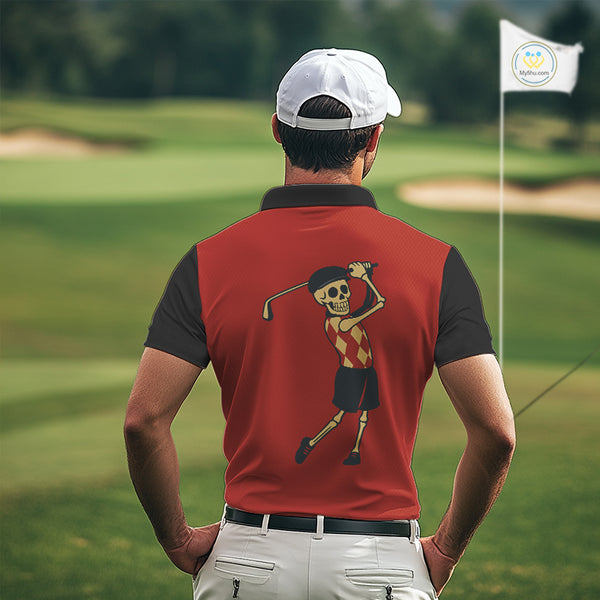 Red and Black argyle pattern Skull Golf Polo Shirts for men Custom mens golf outfit, funny golf gifts NQS10250
