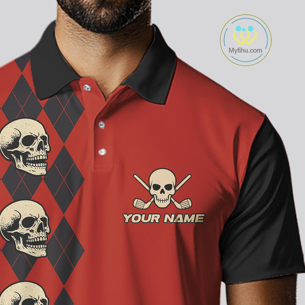 Red and Black argyle pattern Skull Golf Polo Shirts for men Custom mens golf outfit, funny golf gifts NQS10250