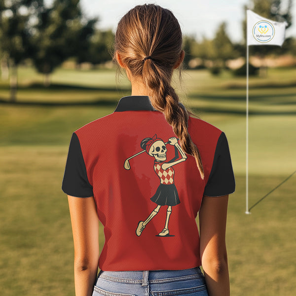 Red and Black argyle pattern Skull Golf Polo Shirts for Women Custom funny ladies golf outfit NQS10250
