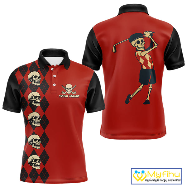 Red and Black argyle pattern Skull Golf Polo Shirts for men Custom mens golf outfit, funny golf gifts NQS10250