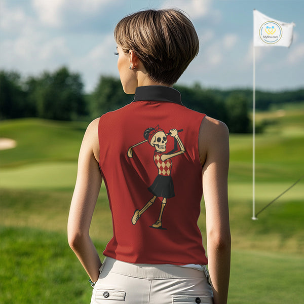 Red and Black argyle pattern Skull Women Sleeveless Polo Shirt Custom funny ladies golf outfit NQS10250