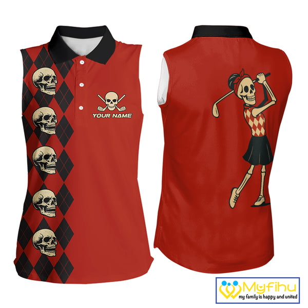 Red and Black argyle pattern Skull Women Sleeveless Polo Shirt Custom funny ladies golf outfit NQS10250