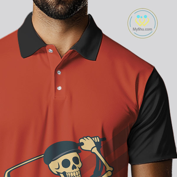 Funny argyle pattern Skull Golf Polo Shirts for men Custom mens golf attire, cool golf gifts | Red NQS10251