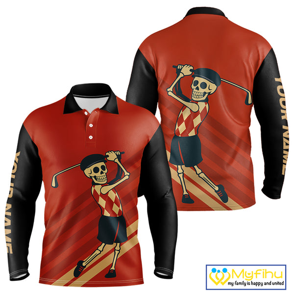 Funny argyle pattern Skull Golf Polo Shirts for men Custom mens golf attire, cool golf gifts | Red NQS10251