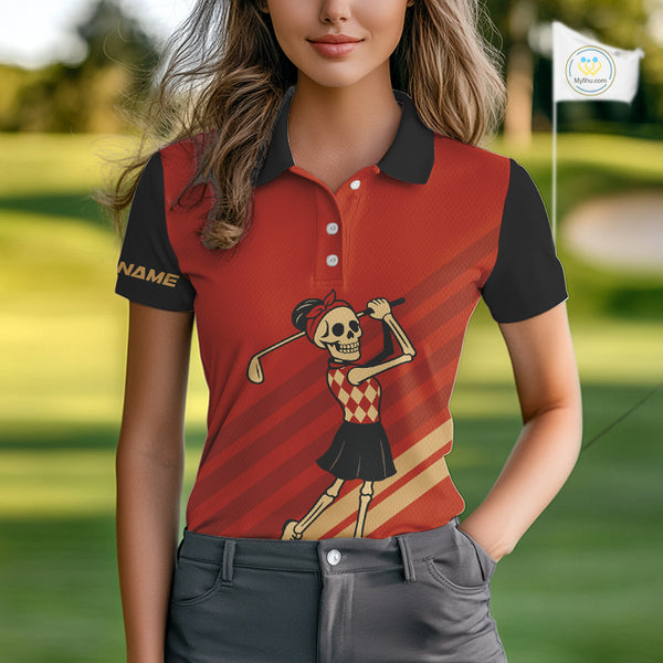 Funny argyle pattern Skull Golf Polo Shirts for Women Custom ladies golf attire, cool golf gift | Red NQS10251